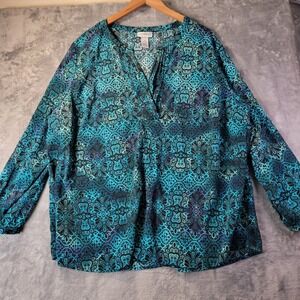 Catherines Womens 1X Blue Black Medallion Print V Neck Long Sleeve Blouse